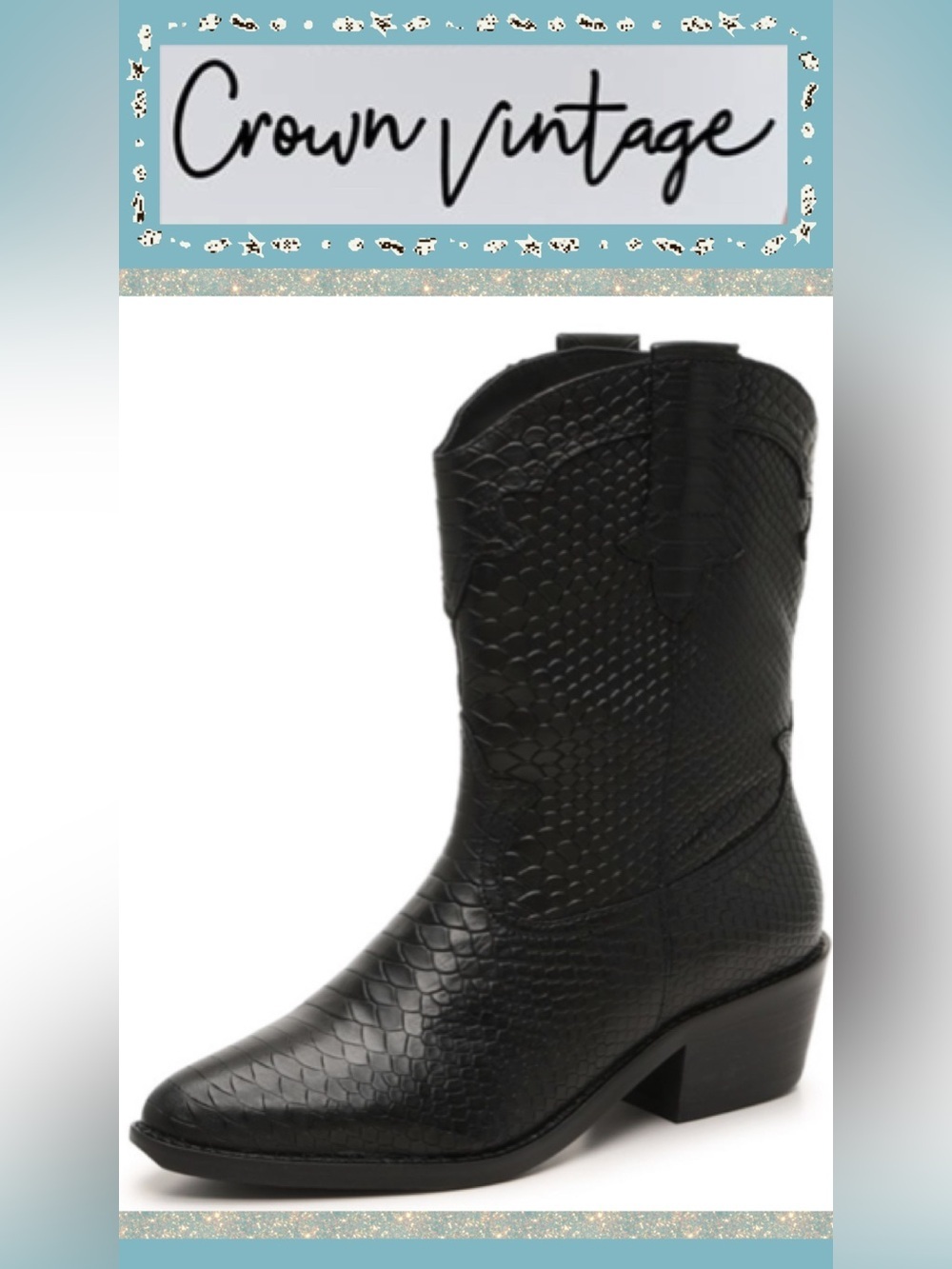 NIB Crown Vintage Black Snakeskin Embossed Leather Cowboy Boots - Women's 8